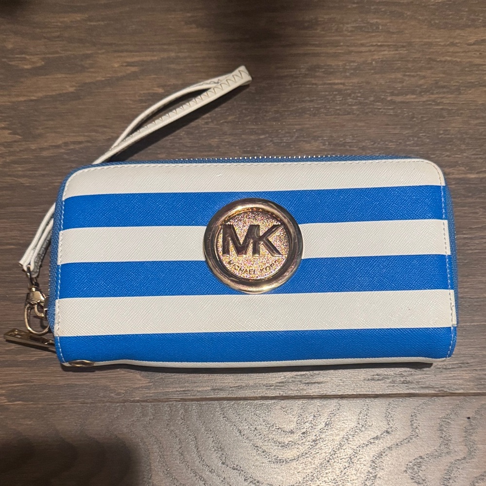 Michael Kors Blue and White Striped Wristlet